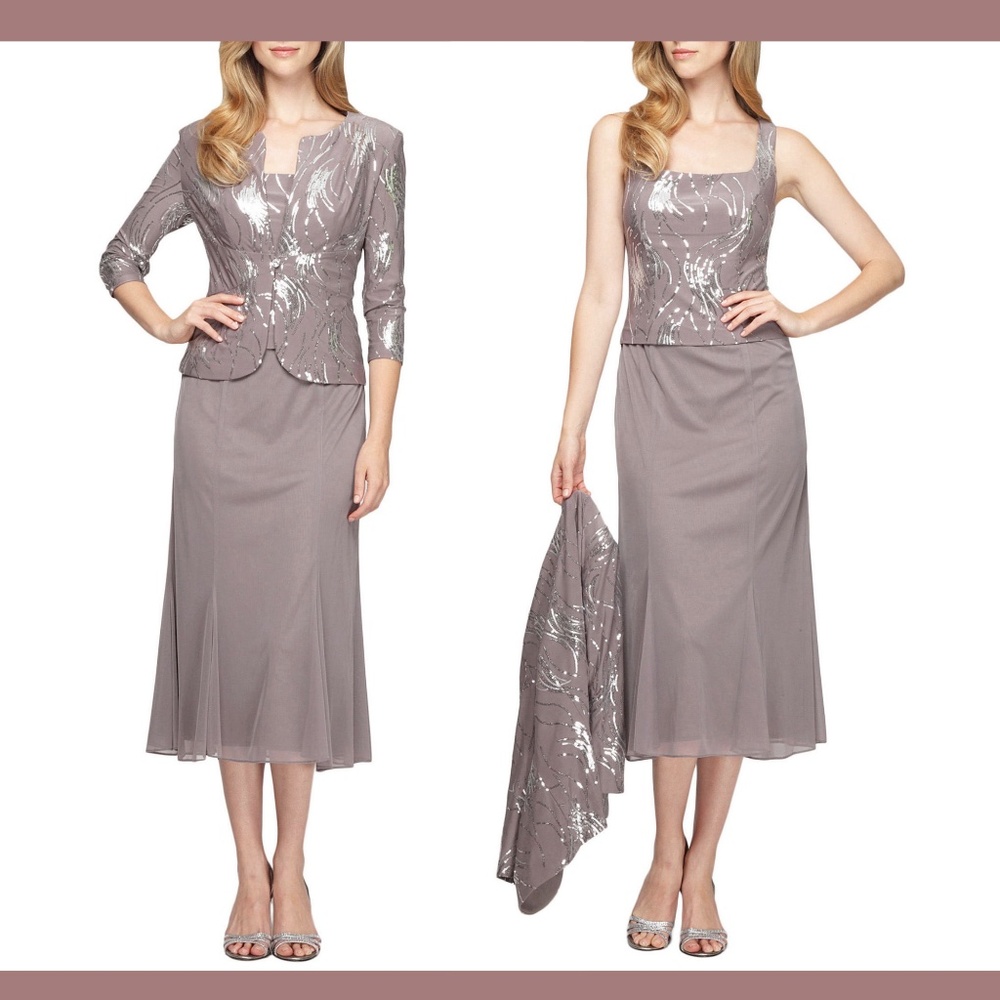 NWT $195 Alex Evenings [SZ 12 ] Sequin Midi Dress‎ & Jacket in Pewter Frost